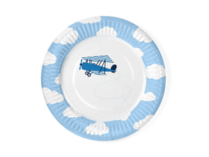 light blue and white round paper plates with white cloud detail on the border and vintage aeroplane illustration in the middle of the plate for detail ieroplane themed birthday party for girls and boys party or birthday parties from la di dah