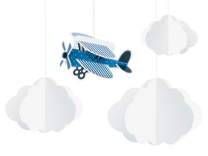 3d vintage aeroplane handing decoration in blue with 3d white cloud hanging decorations for aeroplane themed birthday party for girls and boys party or birthday parties from la di dah