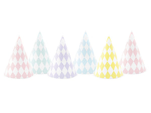 La di dah London checked pink, yellow and blue patterned party hats. Children's party hats for boys and girls.