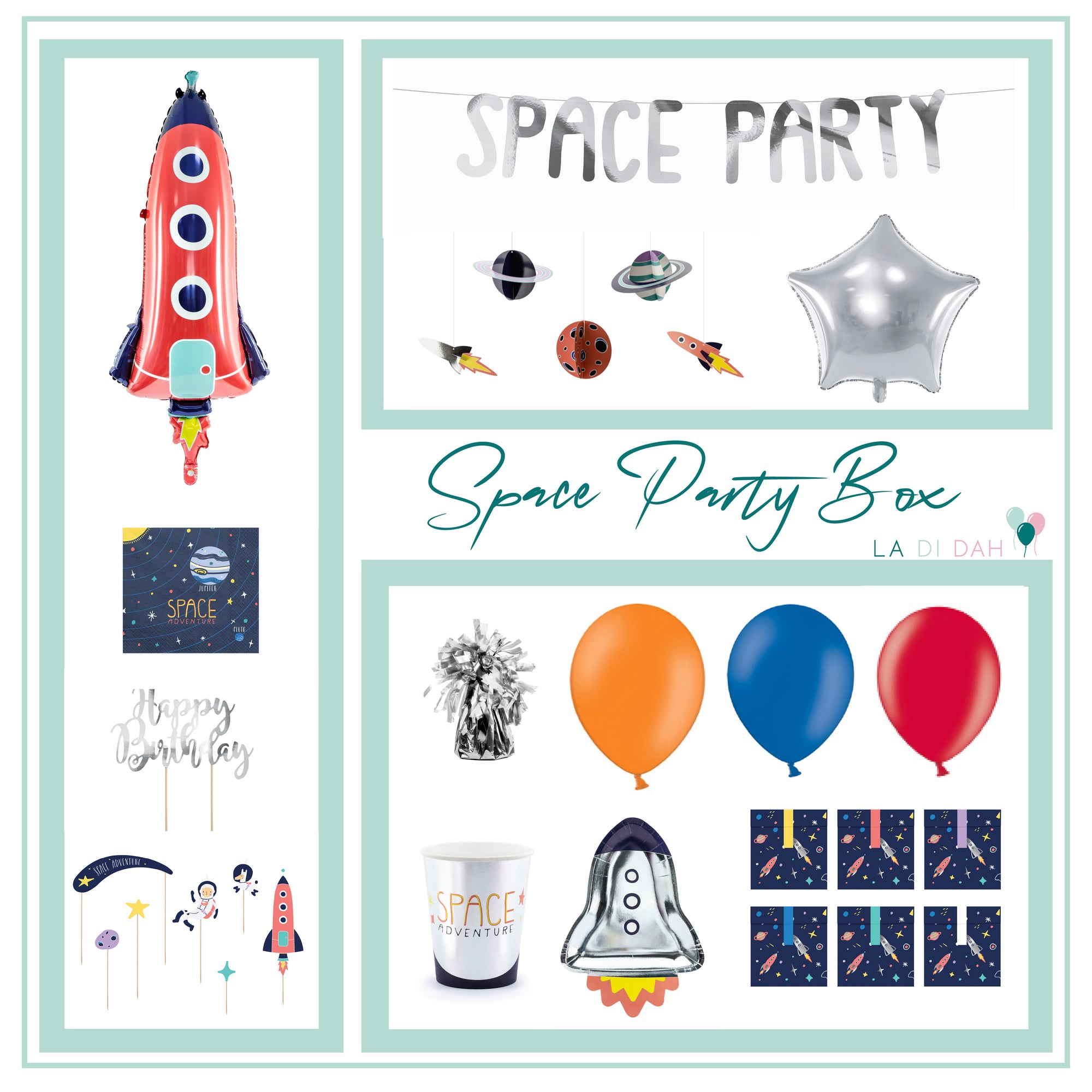 Space party styled image with garlands, cake topper, napkins, rocket shaped plates, space party cups.